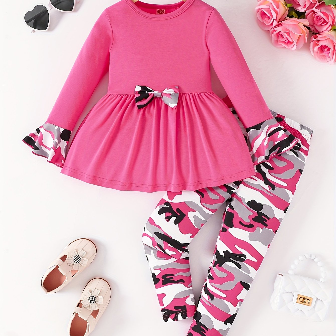 Girls 2PCS Camouflage Pattern Outfits, Bow Pullover   Pants Set Comfy Outfits For Spring Fall Gift