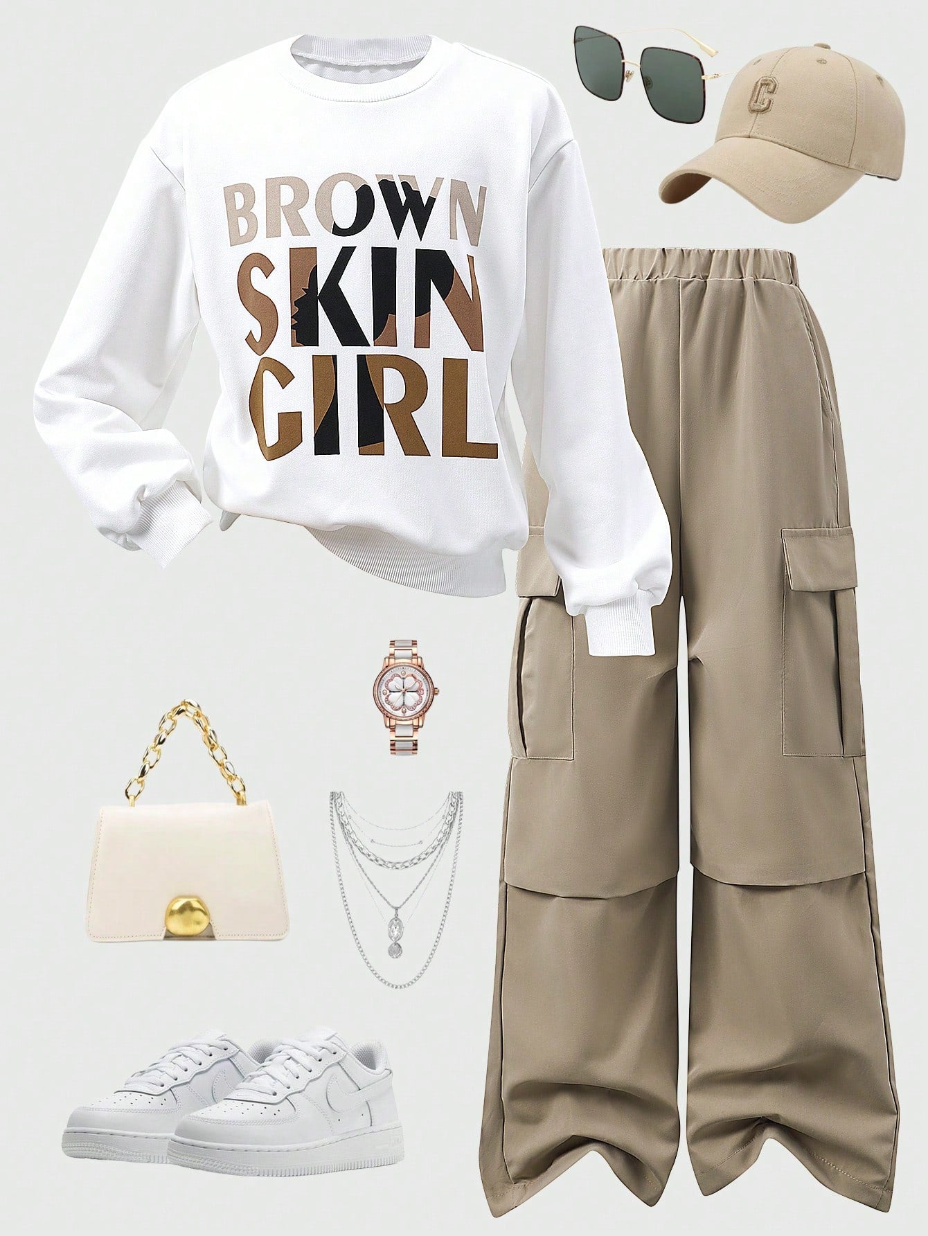 2pcs/Set Girls Letter Print White Sweatshirt & Khaki Cargo Pants Casual Street Fashion Outfit