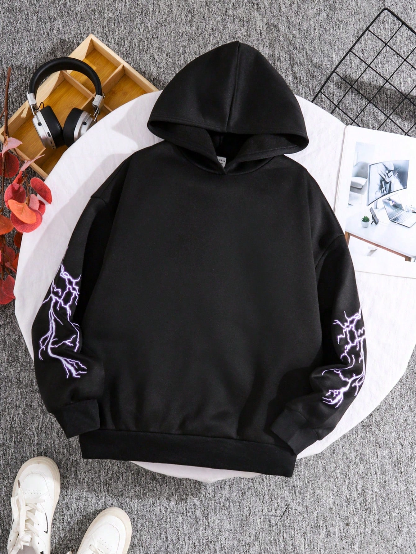 Teen Girls Black Knitted Hoodie With Bow & Lightning Graffiti Print, Loose Casual Streetwear Sweatshirt