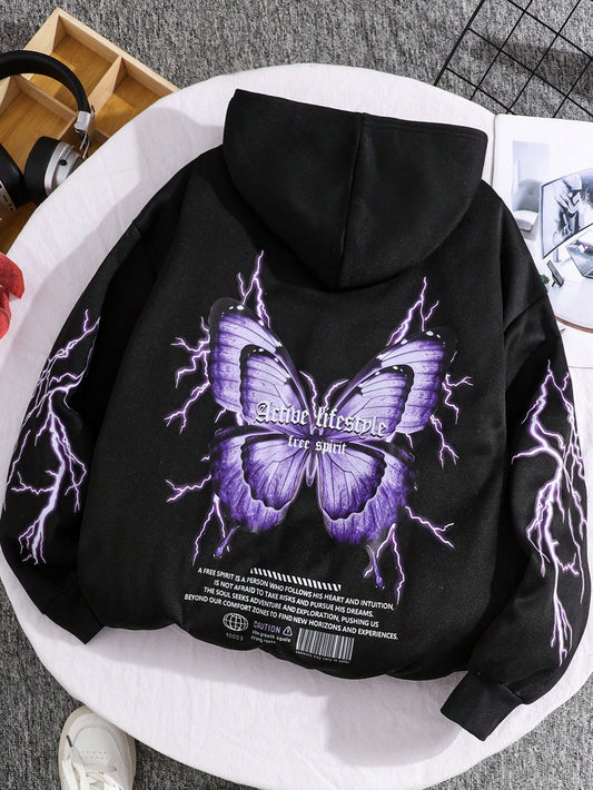 Teen Girls Black Knitted Hoodie With Bow & Lightning Graffiti Print, Loose Casual Streetwear Sweatshirt