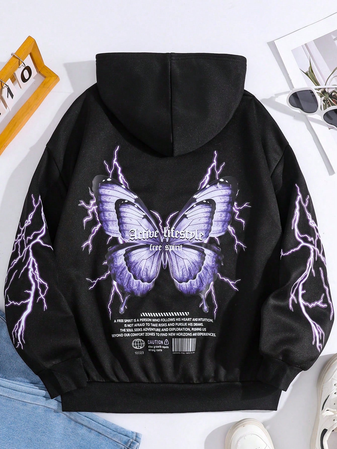 Teen Girls Black Knitted Hoodie With Bow & Lightning Graffiti Print, Loose Casual Streetwear Sweatshirt