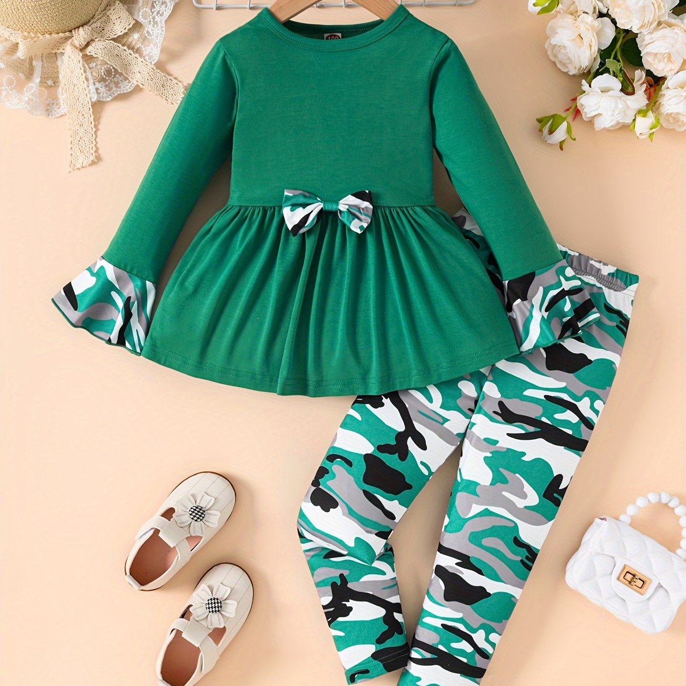 Girls 2PCS Camouflage Pattern Outfits, Bow Pullover   Pants Set Comfy Outfits For Spring Fall Gift