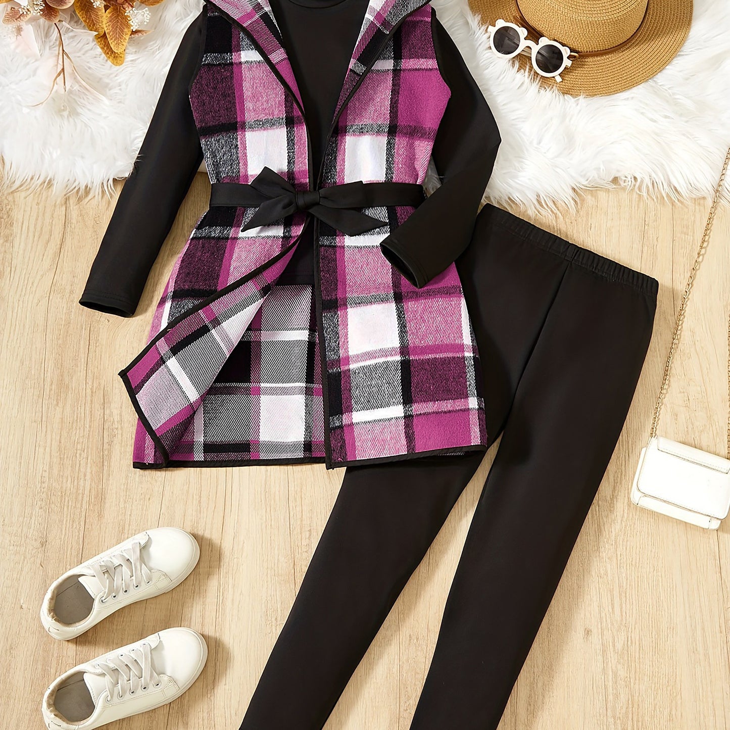 Girl's Set, Elegant Plaid Hooded Vest   Long Sleeve Pullover   Trousers - Spring Fall Casual outdoor 3-Piece Outfit, Gift