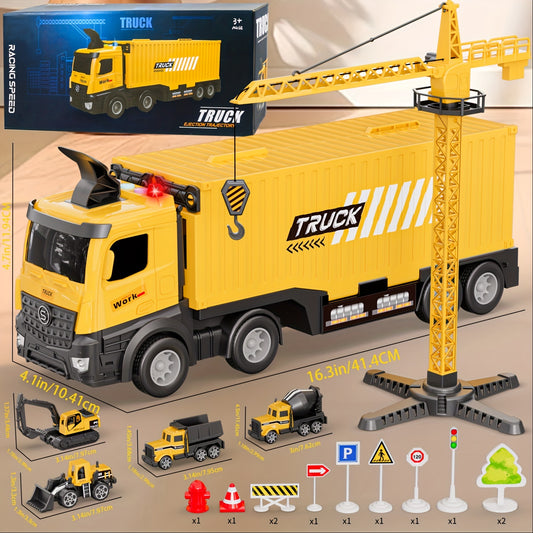 Construction Truck Toys Set, Carrier Truck Race Track Kids Toys, With Crane, Excavator Bulldozer Dump Trucks, Cement Truck Alloy Vehicle Toys Christmas Easter Birthday For 3-6  Years Old Boys Gifts