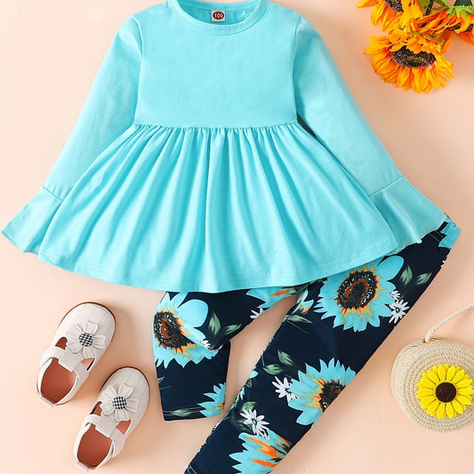 Sunflower Pattern Girl's 2pcs, Long Sleeve Top & Leggings Set, Trendy Outfits, Kids Clothes For Spring Fall