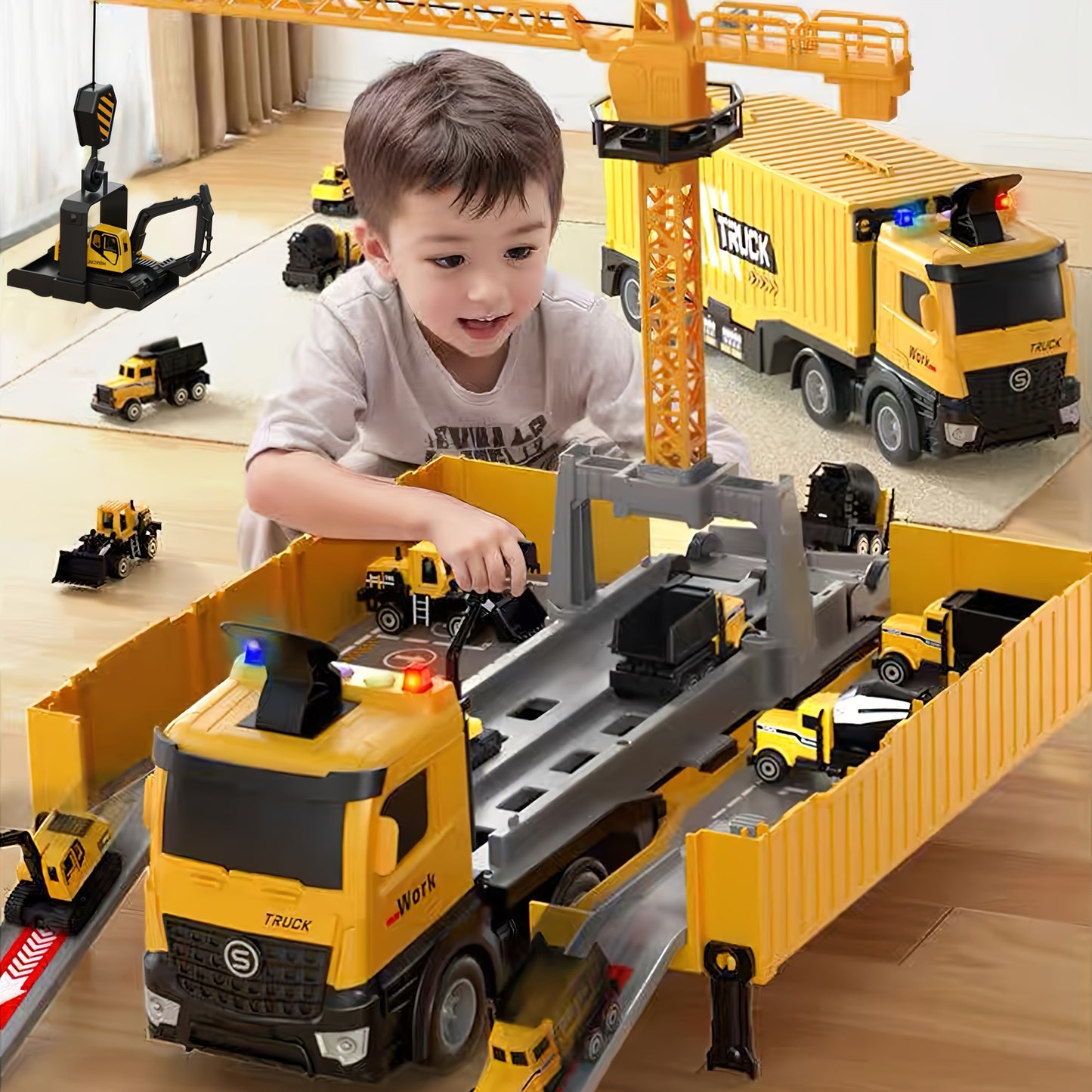 Construction Truck Toys Set, Carrier Truck Race Track Kids Toys, With Crane, Excavator Bulldozer Dump Trucks, Cement Truck Alloy Vehicle Toys Christmas Easter Birthday For 3-6  Years Old Boys Gifts