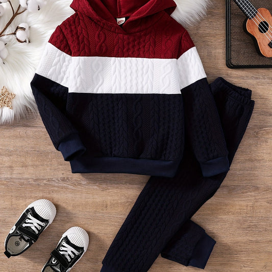 Boy's 2-piece Casual Knit Co Ord Set, Thick Color Block Long Sleeve Hoodie And Jogger Pants, Comfy Winter Fall Clothes For Daily & Outdoor Wear