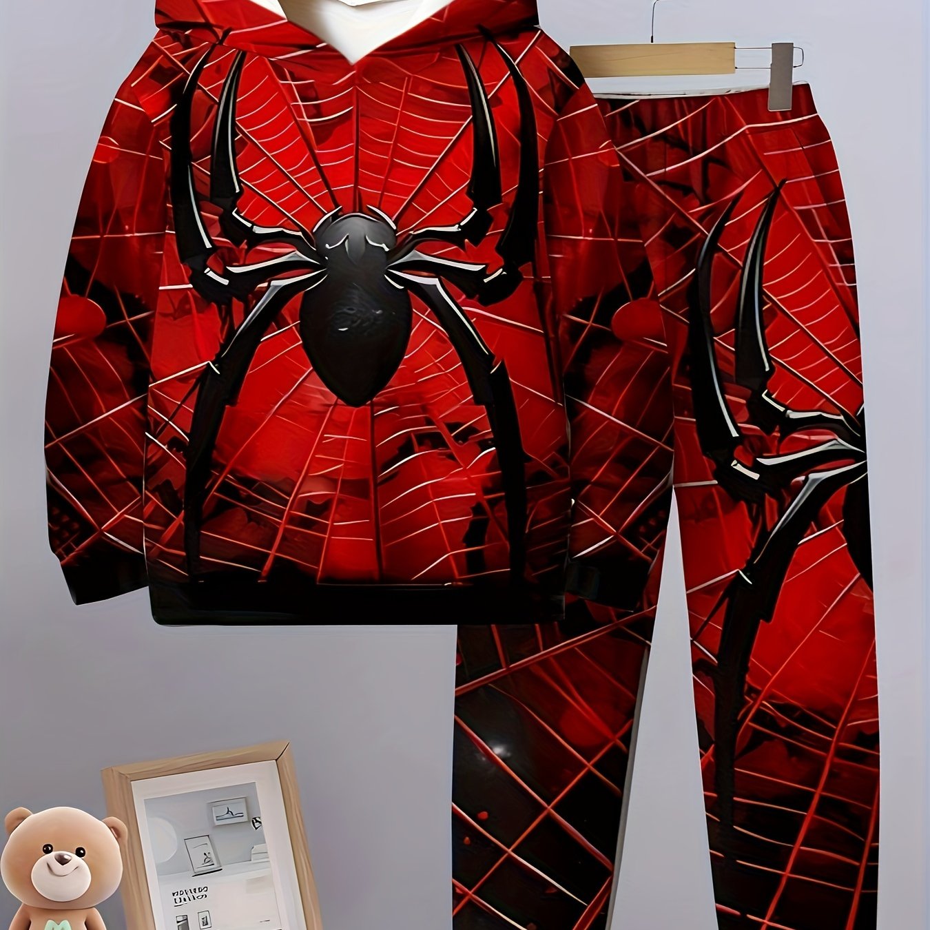 Boys Fashion Two-piece Set, Creative Game Spider Hero 3D Digital Print Long Sleeve Hooded Sweatshirt & Elastic Waist Pants With Pocket, Casual Comfortable Versatile Loose Fit Outfits For Autumn And Winter