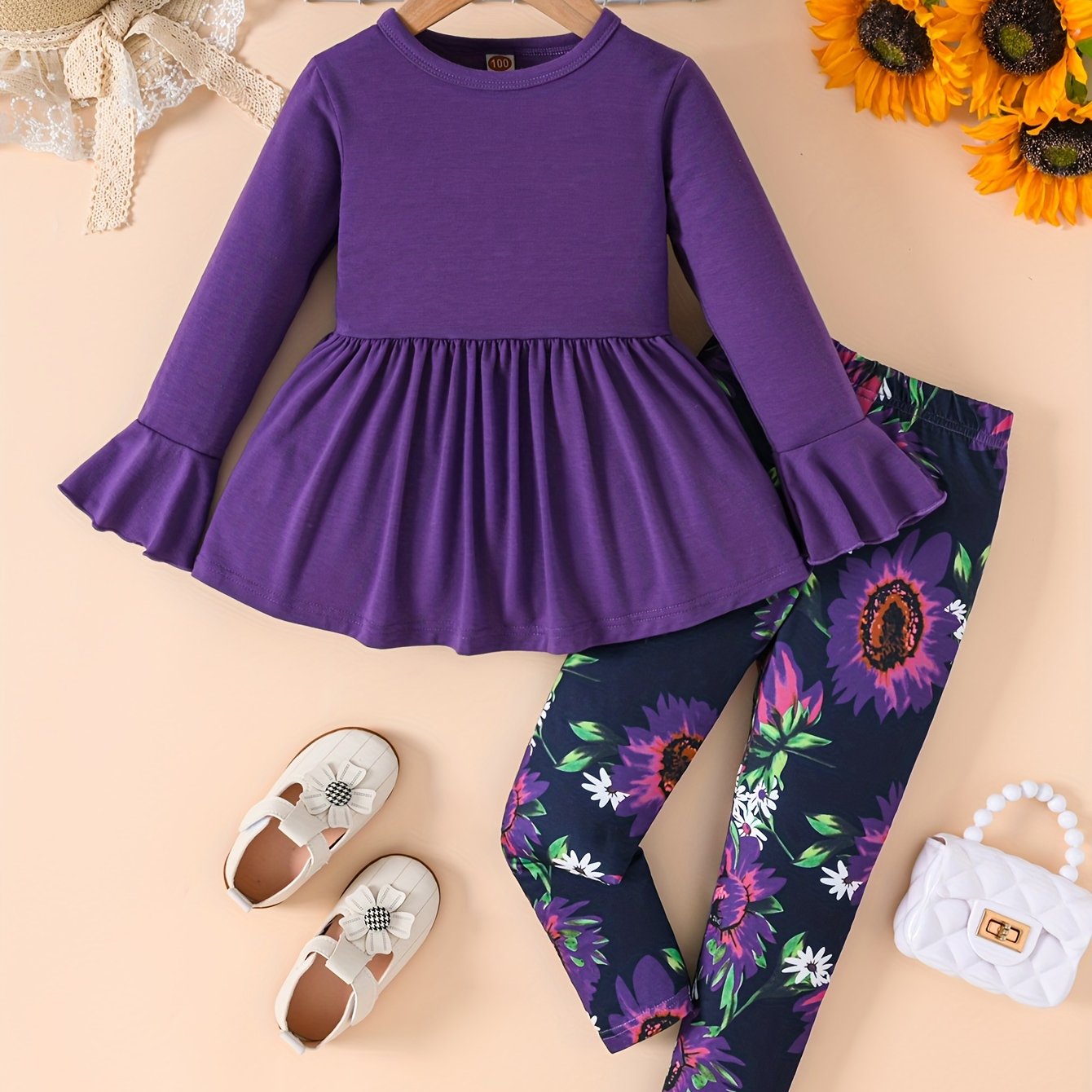 Sunflower Pattern Girl's 2pcs, Long Sleeve Top & Leggings Set, Trendy Outfits, Kids Clothes For Spring Fall