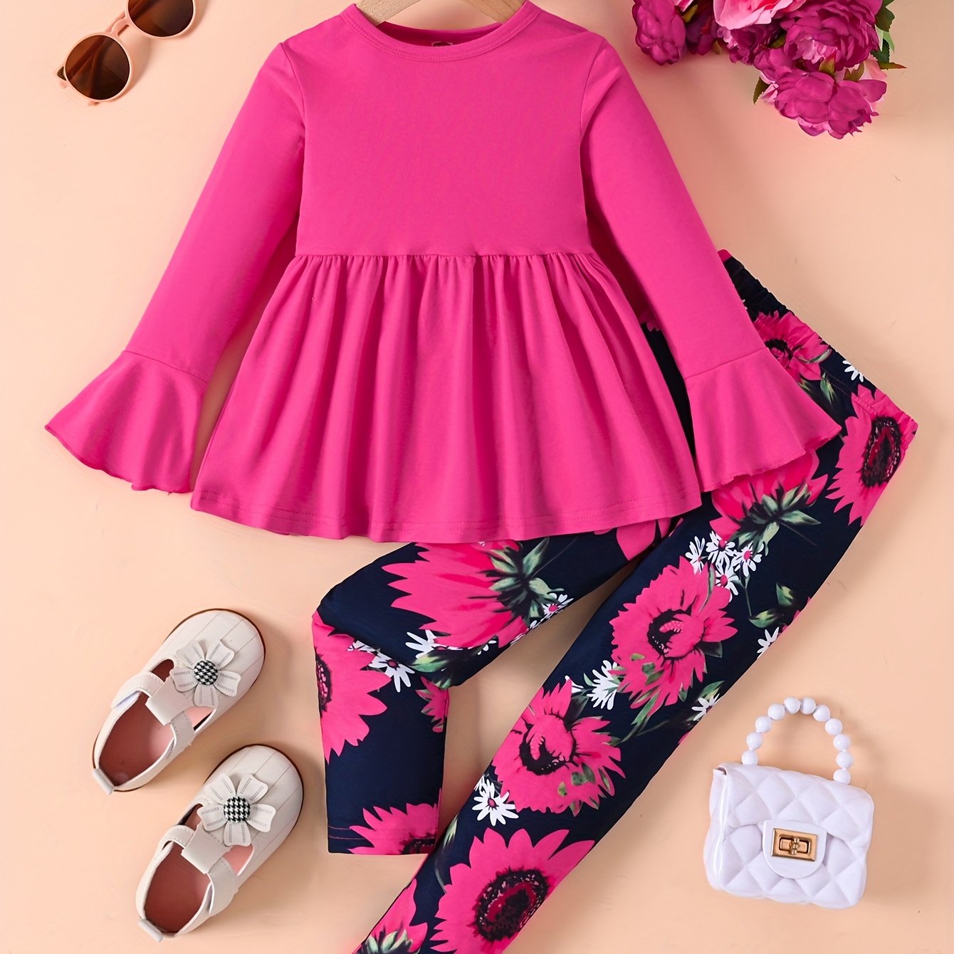 Sunflower Pattern Girl's 2pcs, Long Sleeve Top & Leggings Set, Trendy Outfits, Kids Clothes For Spring Fall