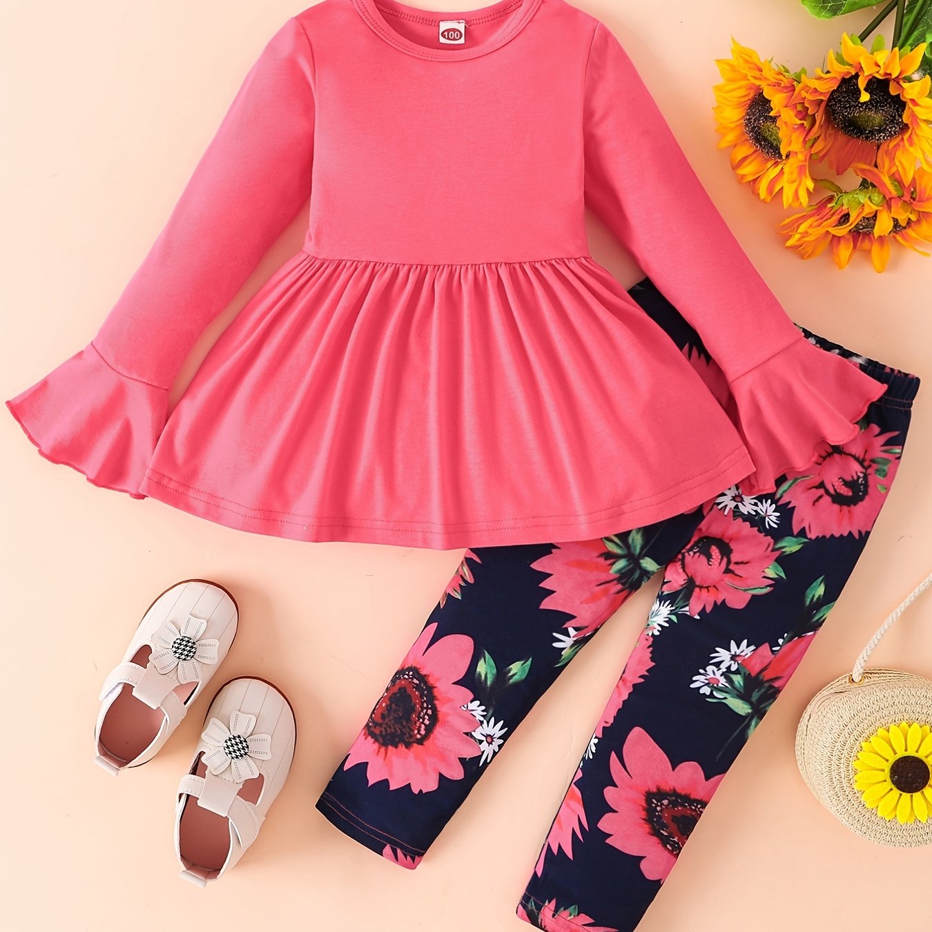 Sunflower Pattern Girl's 2pcs, Long Sleeve Top & Leggings Set, Trendy Outfits, Kids Clothes For Spring Fall