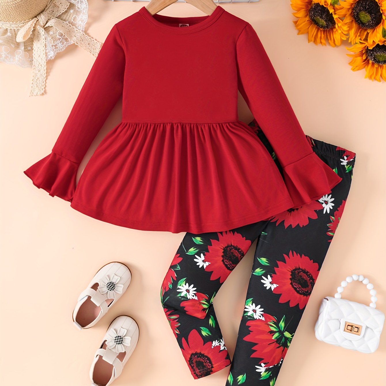 Sunflower Pattern Girl's 2pcs, Long Sleeve Top & Leggings Set, Trendy Outfits, Kids Clothes For Spring Fall