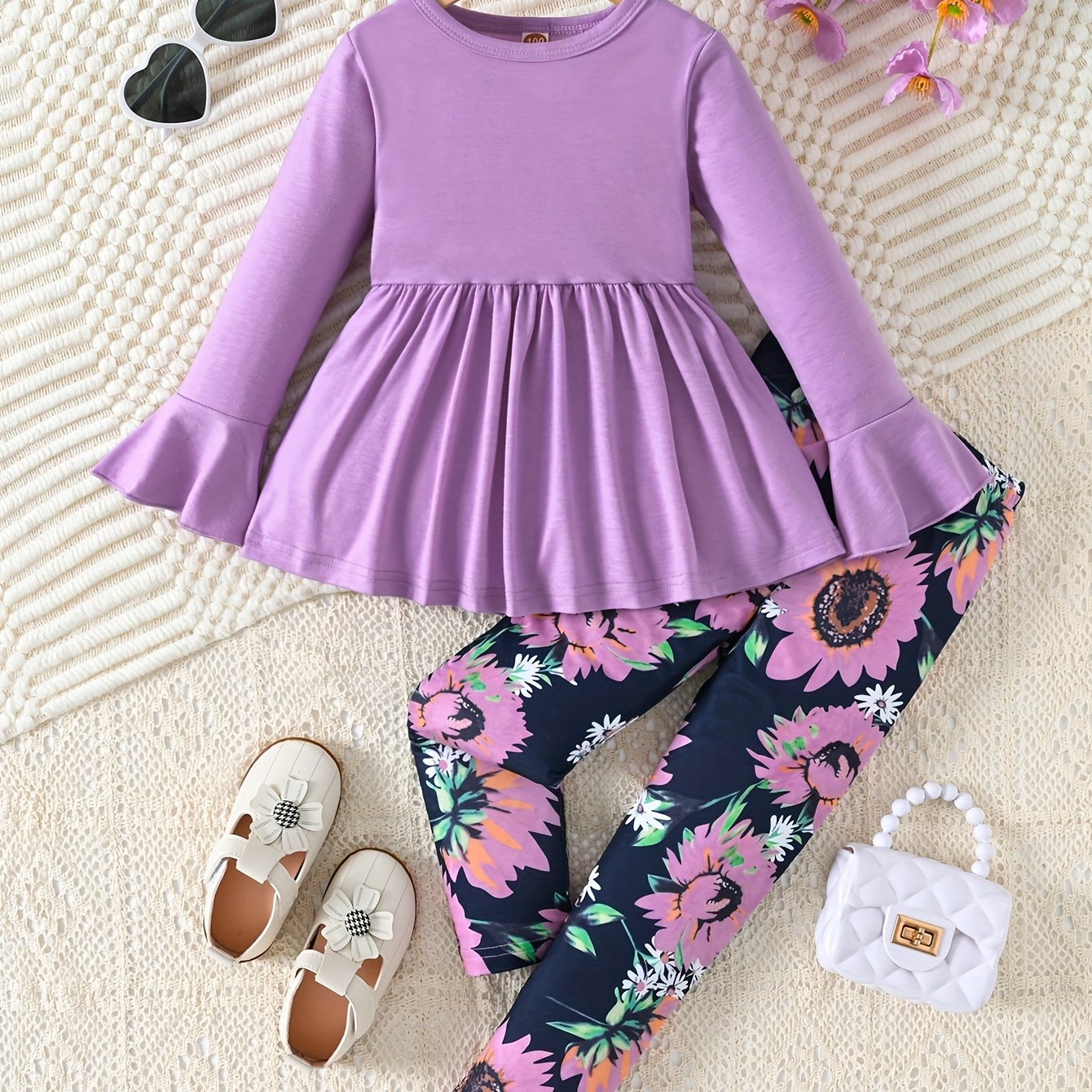 Sunflower Pattern Girl's 2pcs, Long Sleeve Top & Leggings Set, Trendy Outfits, Kids Clothes For Spring Fall