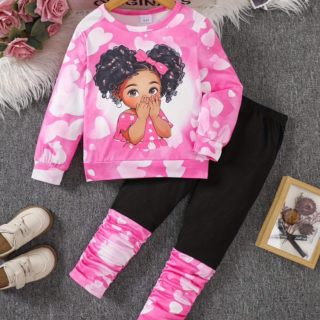 2-piece Baby's Cartoon Cute Girl Pattern Pullover   Casual Tie-dye Pattern Splicing Pants, Toddler & Infant Girl's Clothing Outdoor Set