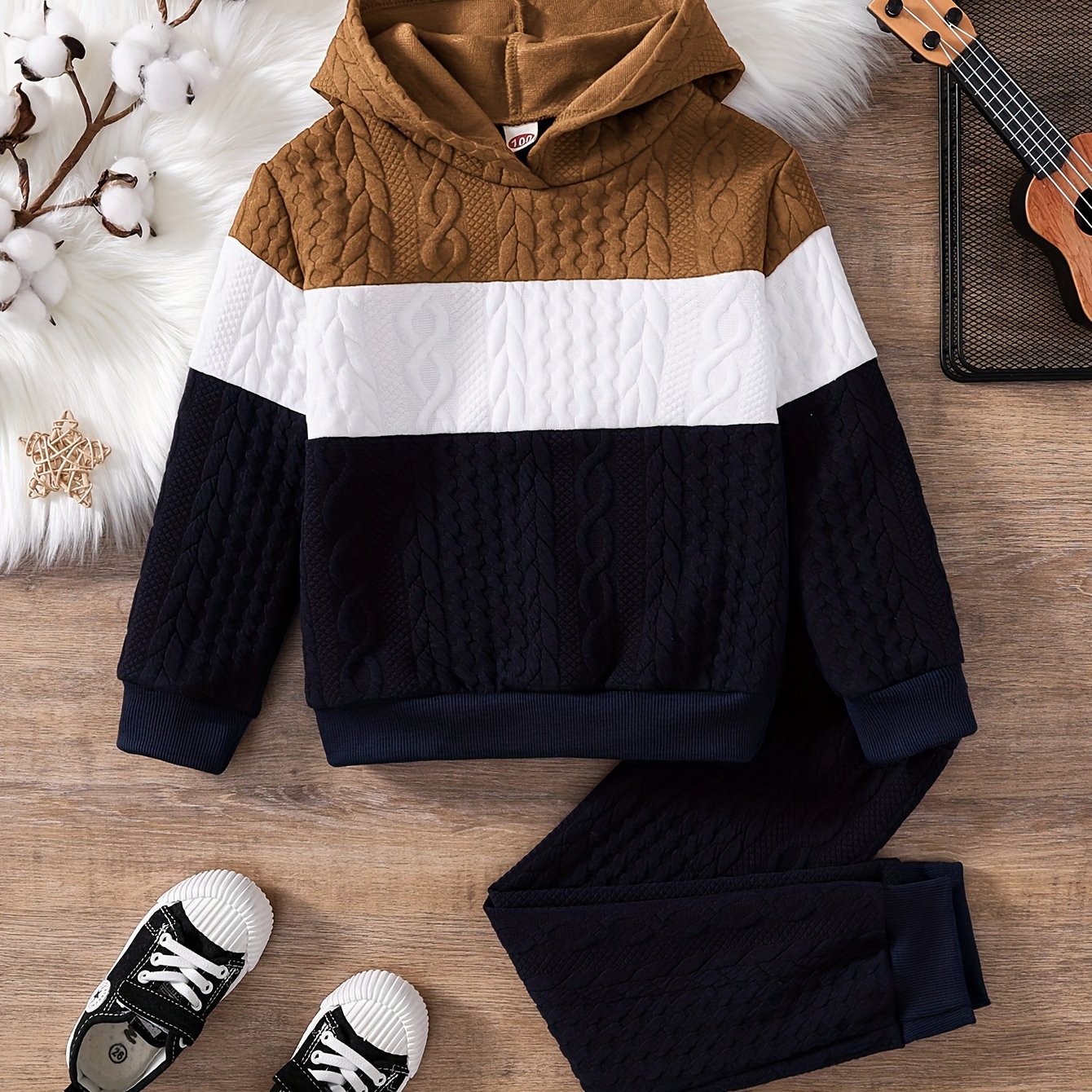 Boy's 2-piece Casual Knit Co Ord Set, Thick Color Block Long Sleeve Hoodie And Jogger Pants, Comfy Winter Fall Clothes For Daily & Outdoor Wear