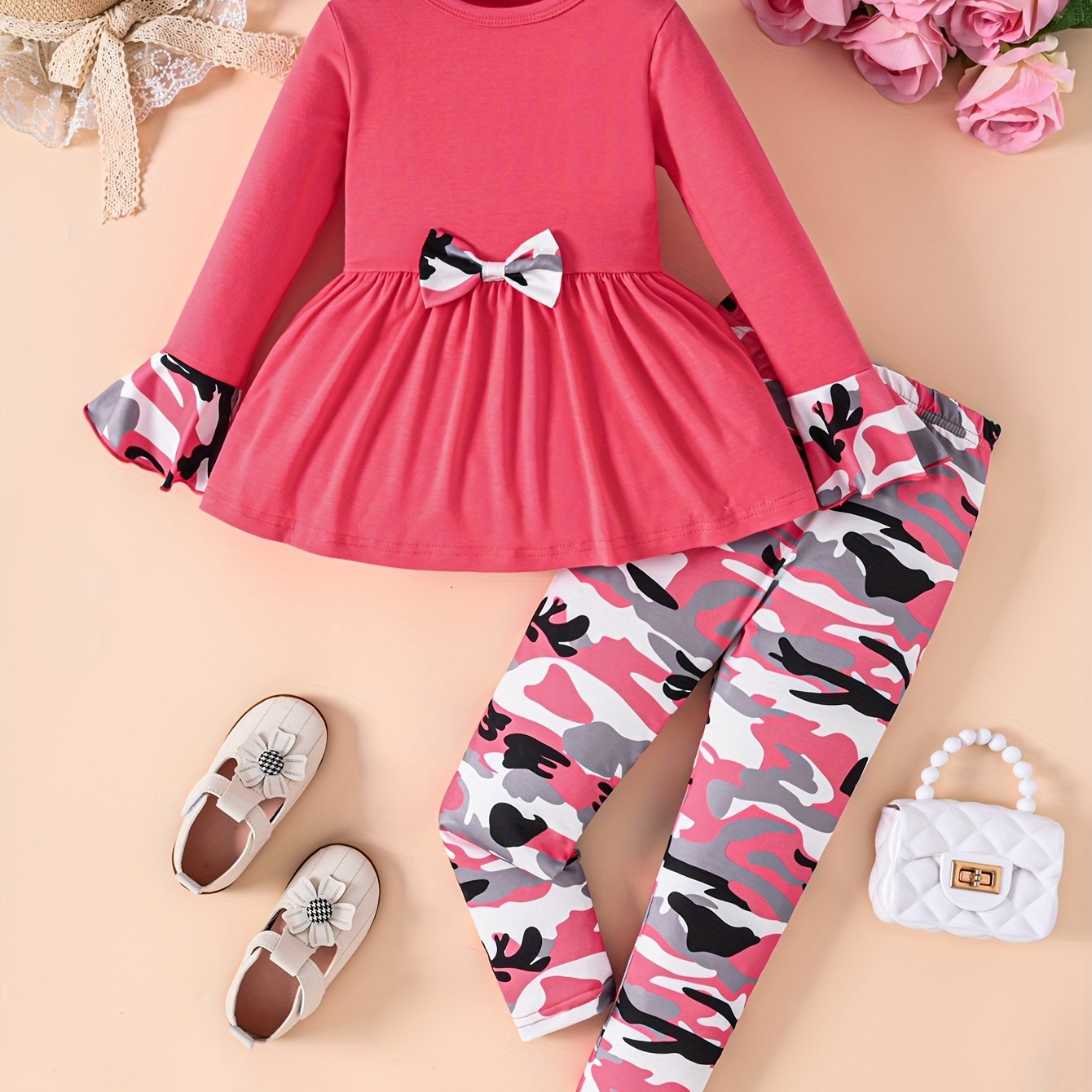 Girls 2PCS Camouflage Pattern Outfits, Bow Pullover   Pants Set Comfy Outfits For Spring Fall Gift