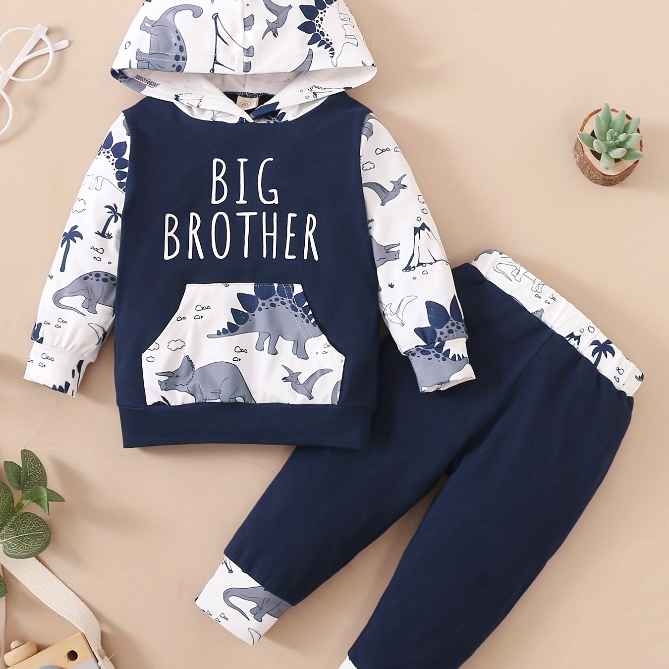 2pcs Boys BIG BROTHER Letter And Dinosaur Graphic Print Boys Casual Creative Hooded Long Sleeve Sweatshirt&Sweatpants Sets, Kids Clothes For Daily & Outdoor Wear