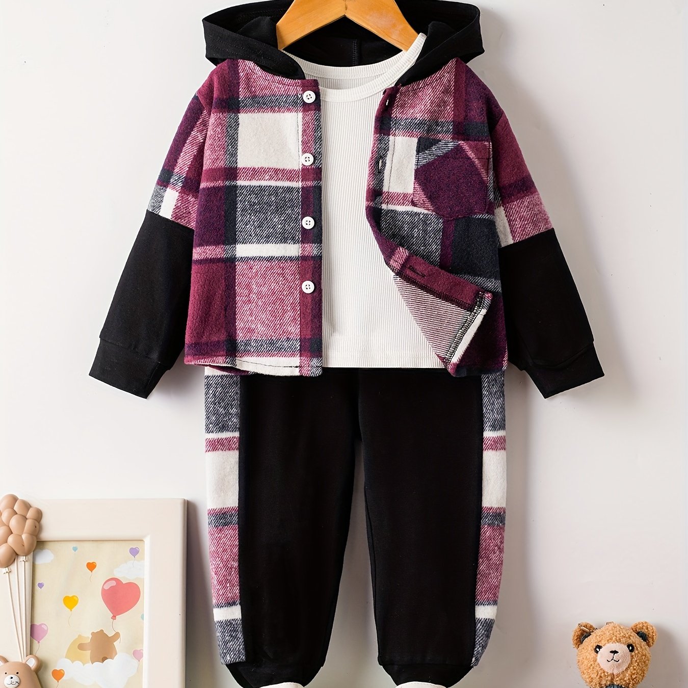 Toddler Baby Boys Stylish Hooded Plaid Long Sleeve Top & Pants Casual Set, Winter/fall