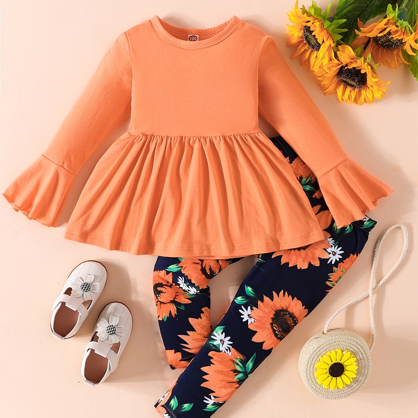 Sunflower Pattern Girl's 2pcs, Long Sleeve Top & Leggings Set, Trendy Outfits, Kids Clothes For Spring Fall