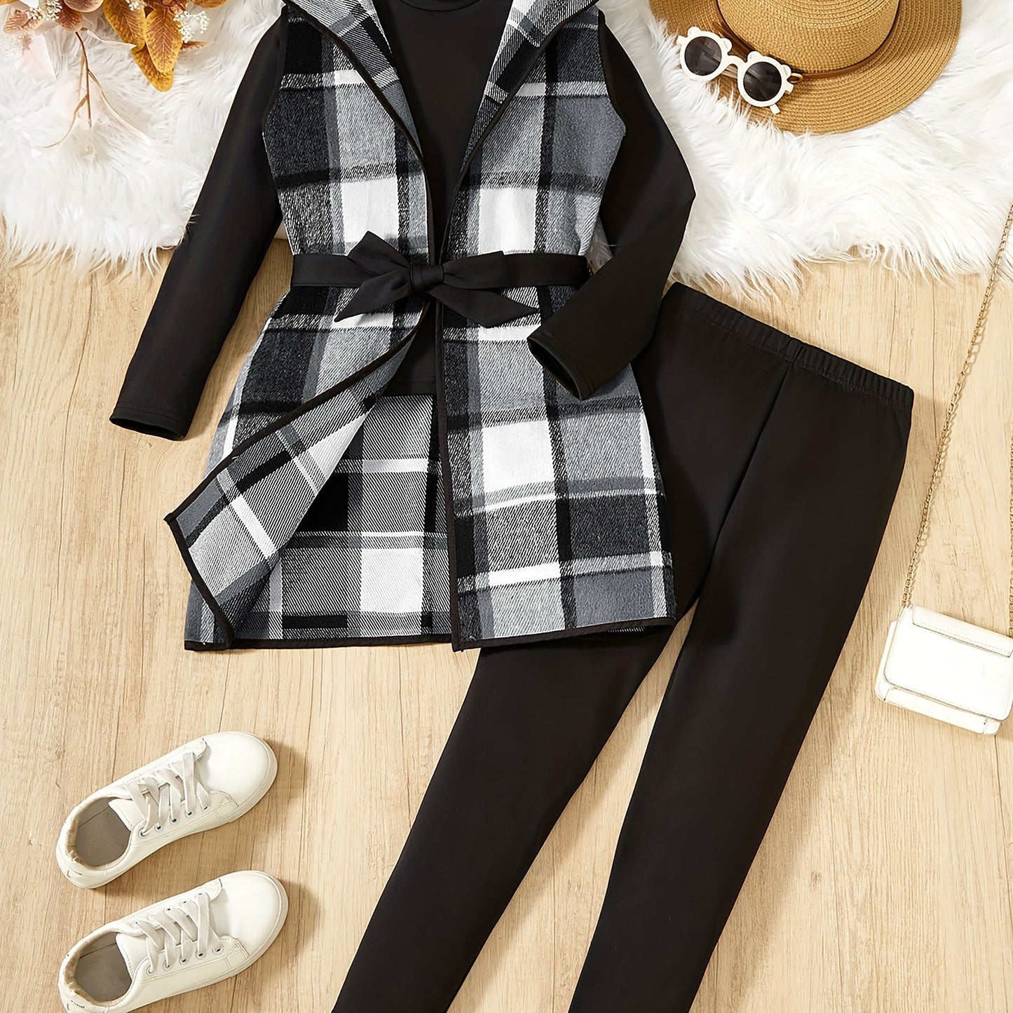 Girl's Set, Elegant Plaid Hooded Vest   Long Sleeve Pullover   Trousers - Spring Fall Casual outdoor 3-Piece Outfit, Gift