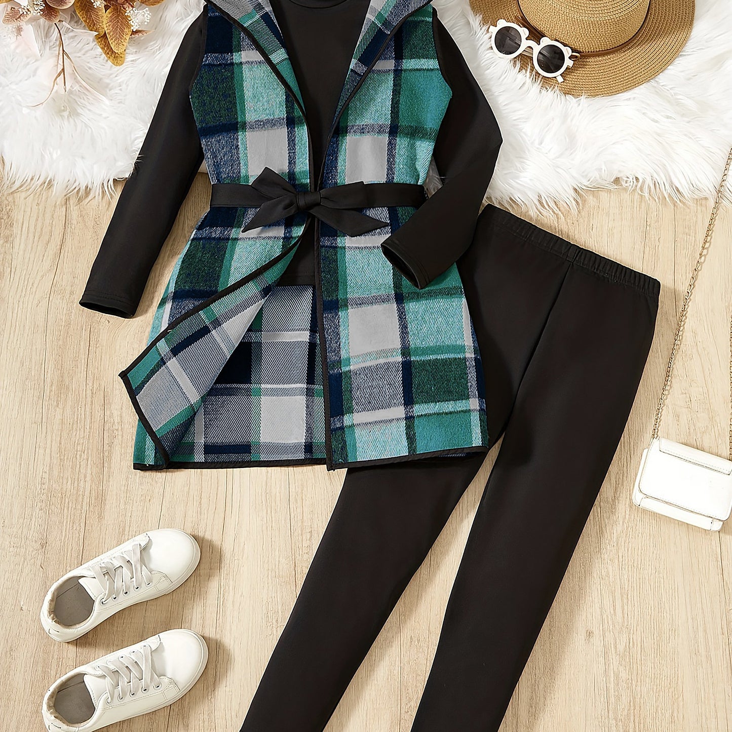 Girl's Set, Elegant Plaid Hooded Vest   Long Sleeve Pullover   Trousers - Spring Fall Casual outdoor 3-Piece Outfit, Gift