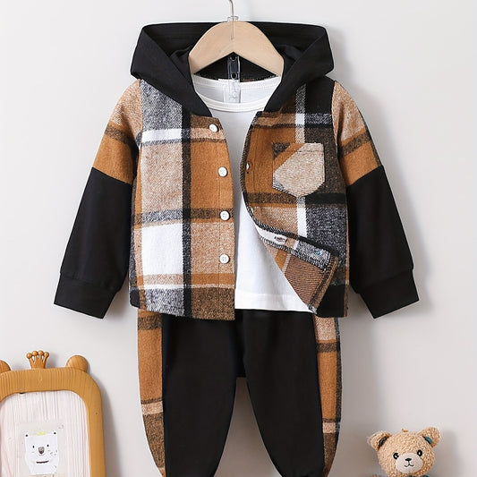 Toddler Baby Boys Stylish Hooded Plaid Long Sleeve Top & Pants Casual Set, Winter/fall