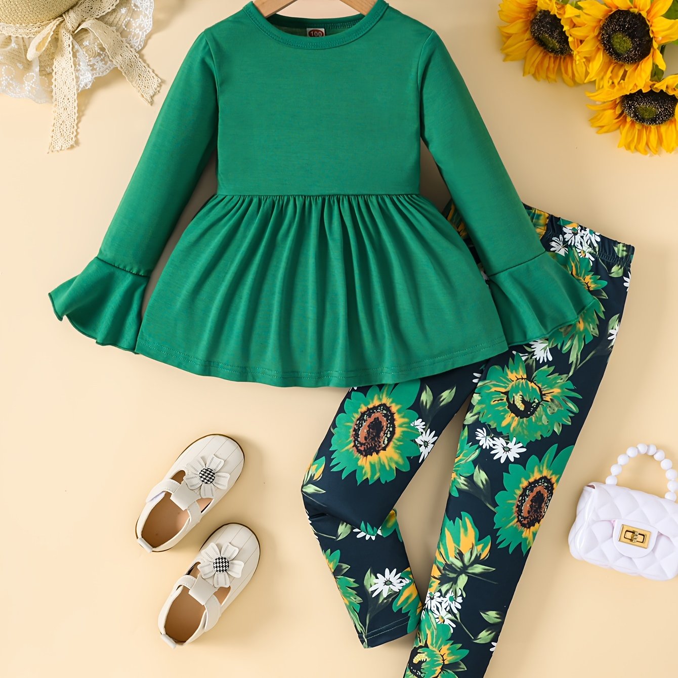 Sunflower Pattern Girl's 2pcs, Long Sleeve Top & Leggings Set, Trendy Outfits, Kids Clothes For Spring Fall