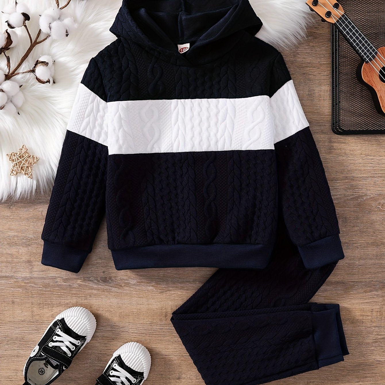 Boy's 2-piece Casual Knit Co Ord Set, Thick Color Block Long Sleeve Hoodie And Jogger Pants, Comfy Winter Fall Clothes For Daily & Outdoor Wear