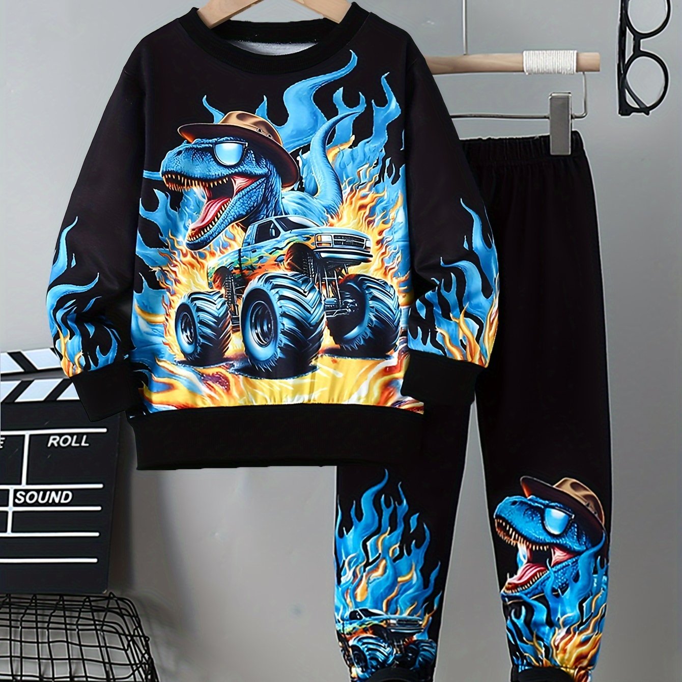 2pcs Boy's Dinosaur Monster Truck Flame Pattern Long Sleeve Sweatshirt   Pants, Co-ord Casual Comfy Set For Autumn As Gift