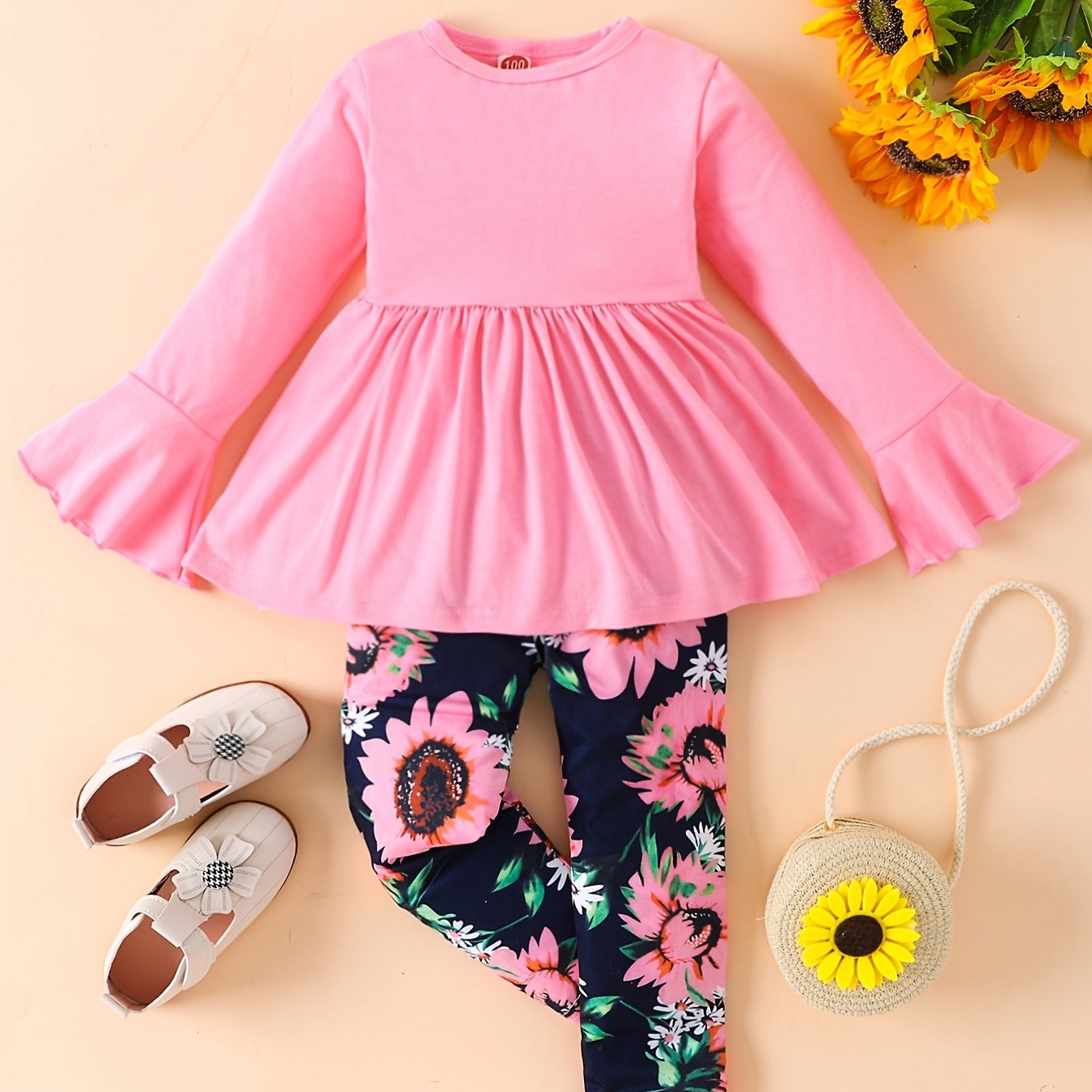 Sunflower Pattern Girl's 2pcs, Long Sleeve Top & Leggings Set, Trendy Outfits, Kids Clothes For Spring Fall