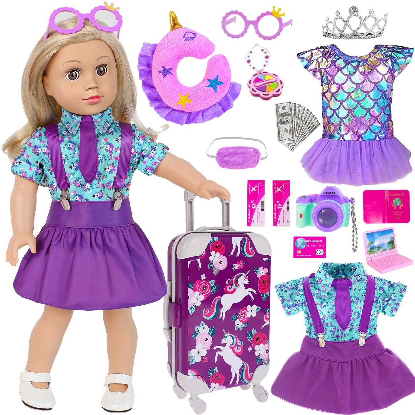 25pcs American 18 In Girl Doll Clothes And Accessories Travel Case Luggage School Play Set With Pillow Camera Sunglasses No Doll