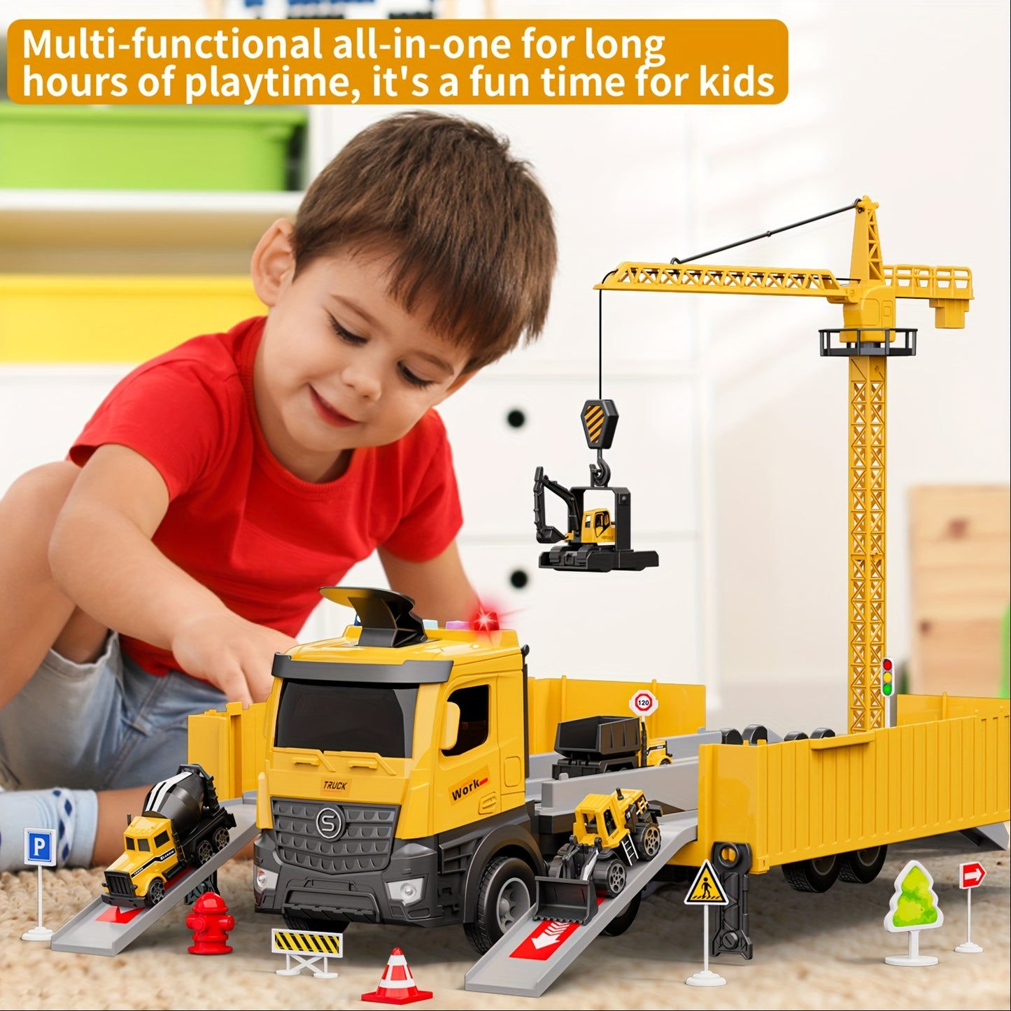 Construction Truck Toys Set, Carrier Truck Race Track Kids Toys, With Crane, Excavator Bulldozer Dump Trucks, Cement Truck Alloy Vehicle Toys Christmas Easter Birthday For 3-6  Years Old Boys Gifts