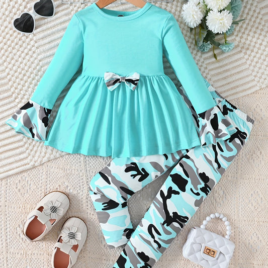 Girls 2PCS Camouflage Pattern Outfits, Bow Pullover   Pants Set Comfy Outfits For Spring Fall Gift