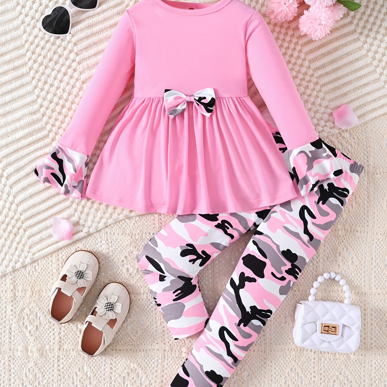 Girls 2PCS Camouflage Pattern Outfits, Bow Pullover   Pants Set Comfy Outfits For Spring Fall Gift