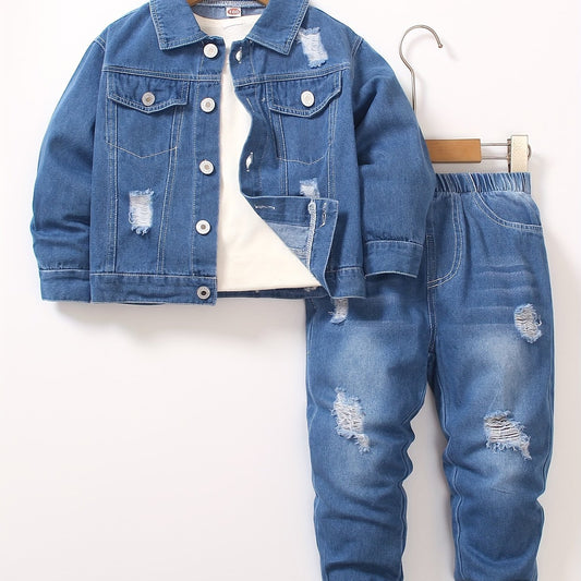 Long Sleeve Ripped Denim Jacket And Elastic Waist Jeans, 2-piece Boys Casual Versatile Co Ord Set For Spring Fall Daily & Outdoor Wear