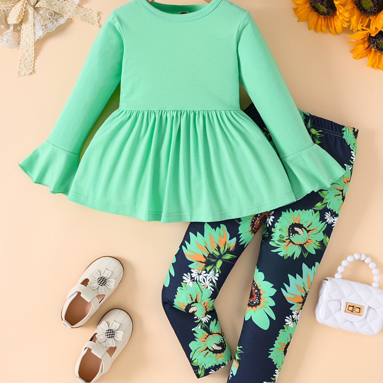 Sunflower Pattern Girl's 2pcs, Long Sleeve Top & Leggings Set, Trendy Outfits, Kids Clothes For Spring Fall