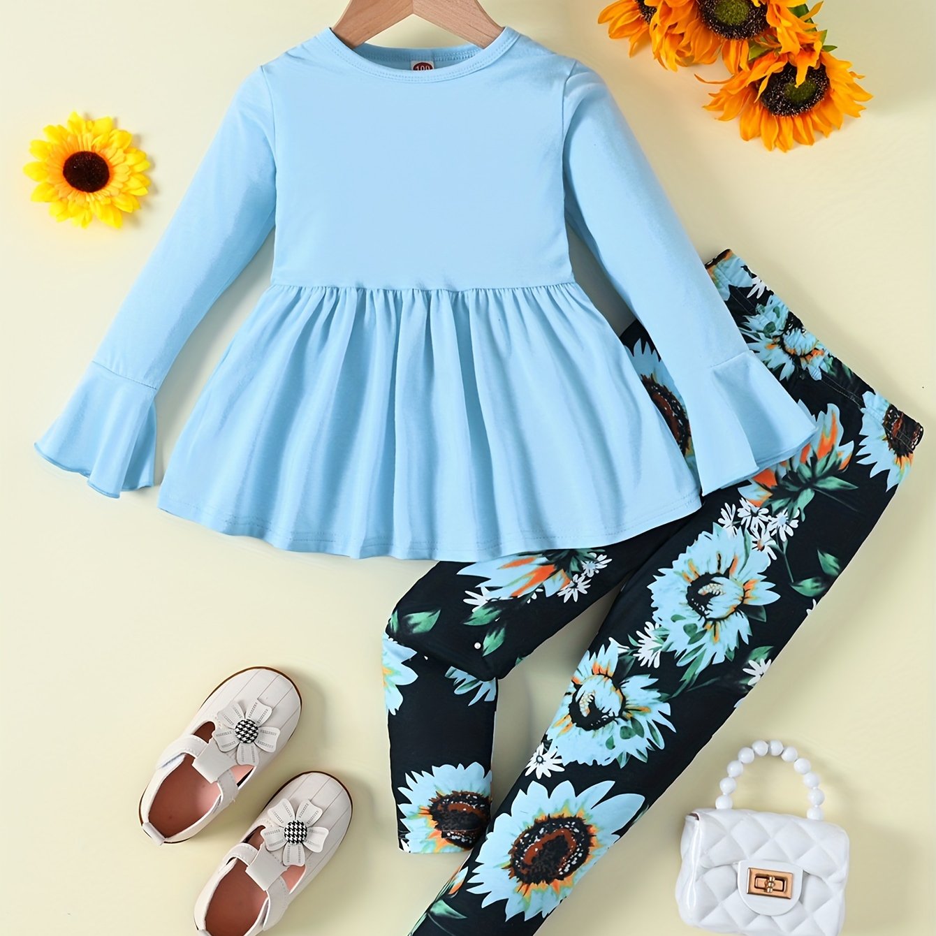 Sunflower Pattern Girl's 2pcs, Long Sleeve Top & Leggings Set, Trendy Outfits, Kids Clothes For Spring Fall